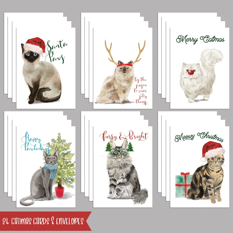 May include: A set of 24 Catmas cards and envelopes featuring watercolor illustrations of cats in festive attire. Each card showcases a different cat with holiday-themed accessories and text such as "Santa Paws" and "Meowy Christmas."