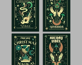 24 Witchy Christmas Cards in Dark Boho Jewel Tones Box Set + Envelopes