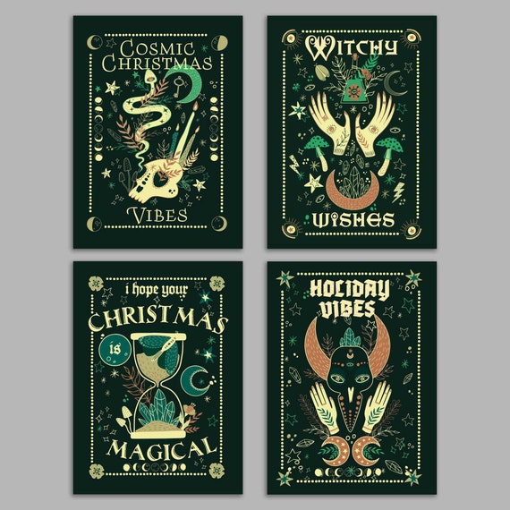 24 Witchy Christmas Cards in Dark Boho Jewel Tones Box Set + Envelopes