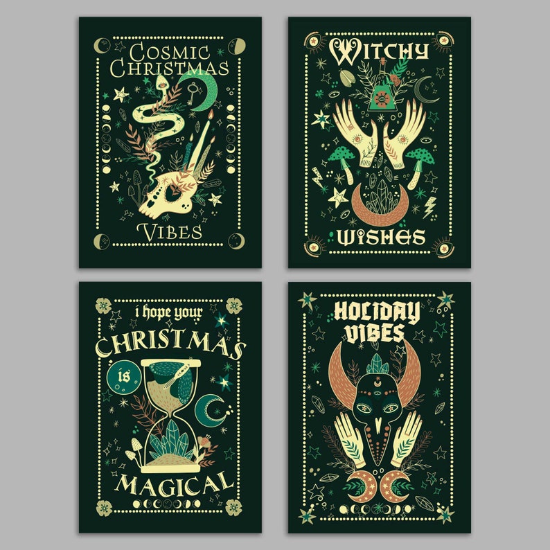 May include: Four dark green art prints with mystical illustrations. Each print features a different design with text: "Cosmic Christmas Vibes," "Witchy Wishes," "I hope your Christmas is Magical," and "Holiday Vibes." The designs include moons, stars, hands, and other celestial elements.