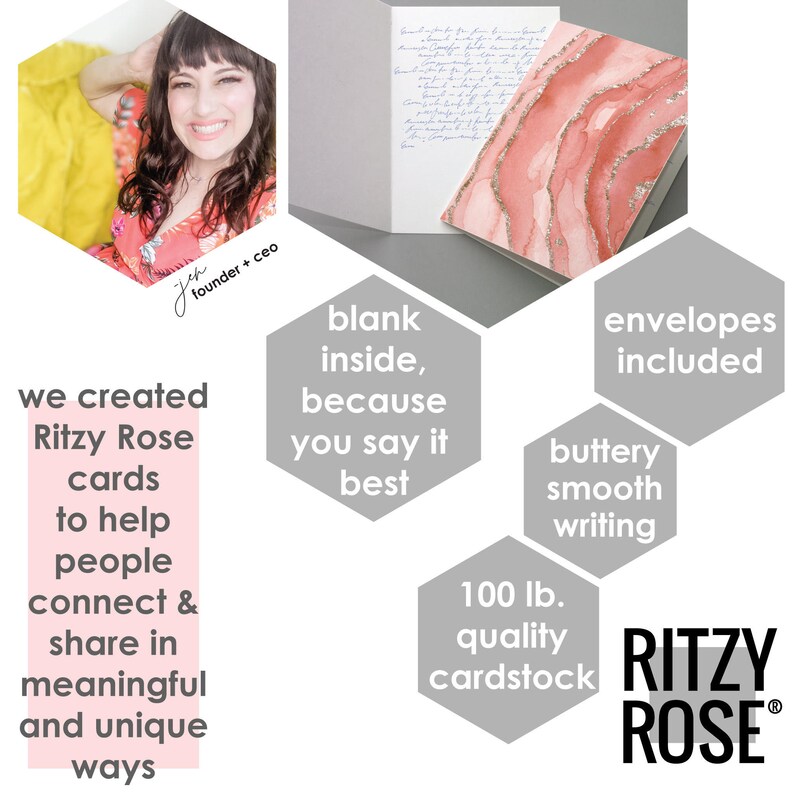 May include: A greeting card with a watercolor design in shades of pink and silver. The card is blank inside and includes an envelope. The card is made of 100 lb. quality cardstock. The text on the card says "Ritzy Rose" and "blank inside, because you say it best."