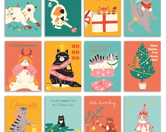 24 Funny Colorful Cat Christmas Cards in 12 Unique Illustrations + Envelopes RR3 6925