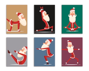 May include: A set of six rectangular prints featuring a cartoon Santa Claus in various yoga poses. Each print displays Santa in his red suit against a different solid background color, including tan, black, green, gray, blue, and deep purple.