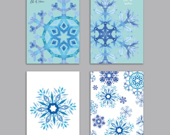 24 Snowflake Holiday Cards in 4 Wintry Modern Blue Designs + Envelopes RR3 6901