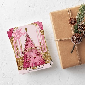 24 Versailles Yuletide Cards + Envelopes | Pink Christmas Trees & Chandeliers in 4 French Rose Illustrations 60282