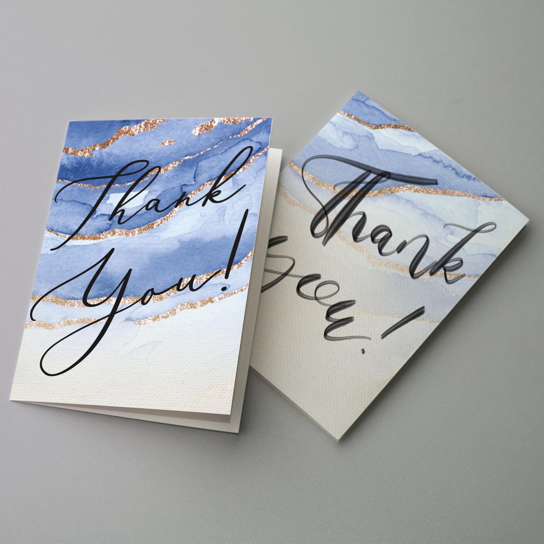 24 Modern Thank You Cards in 2 Styles Watercolor Look in Blue Gold ...