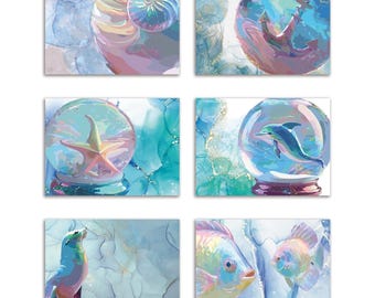 Marine Life Greeting Cards Set of 6 - Ocean-Themed Blank Note Cards with Envelopes - Artistic Dolphin, Starfish, Fish & Seal Stationery