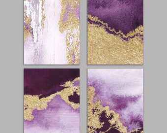 24-Pack Purple and Gold Abstract Art Cards, Luxe Amethyst Watercolor Stationery Set