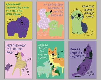 24 Funny Dog Christmas Cards with 6 Whimsical Humorous Illustrations + Envelopes