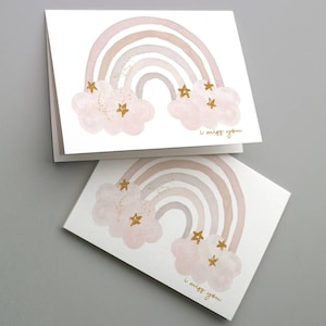 Set mit 24 'I Miss You' Aquarell Regenbogen Grußkarten mit goldenen Sternen - leere Innenseite Freundschaftskarten für soziale Distanz & Fürsorge