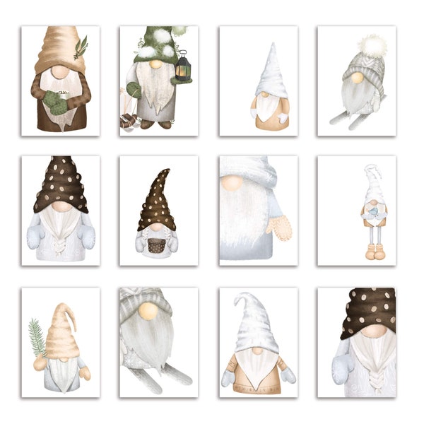 24 Neutral Winter Gnomes Cards + Envelopes | 12 Designs | Holiday Winter Just Because 6682