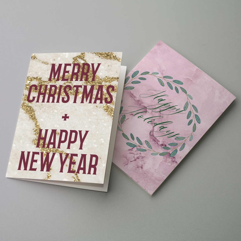 Pink Marble Christmas Cards Set of 24 - Vintage Truck and Tree Holiday Cards in Blush and Gold, with Envelopes image 9