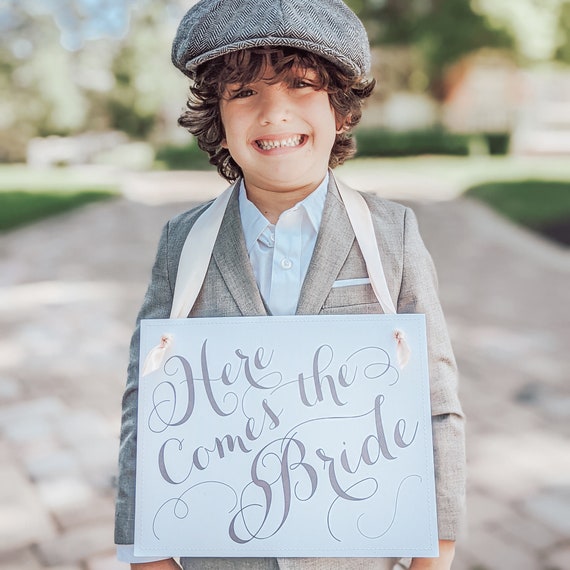 Here Comes The Bride Wedding Sign Ring Bearer Flower Girl Ceremony Signage Kid 
