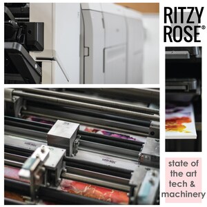 The image is a collage of three photos. The top photo shows a large printer, the middle photo depicts a close-up view of the printer's mechanical parts, and the bottom photo features a close-up view of a printed piece of art.