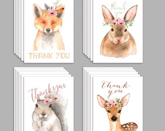 Woodland Creatures Thank You Cards - Set of 24 - Watercolor Animal Designs with Envelopes
