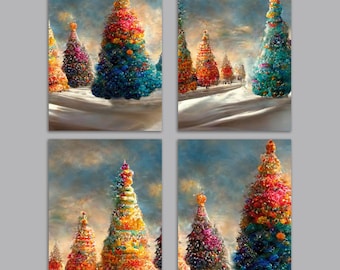 24 Magical Snowy Rainbow Christmas Tree Cards in 4 Colorful Uplifting Illustrations + Envelopes RR3 6998