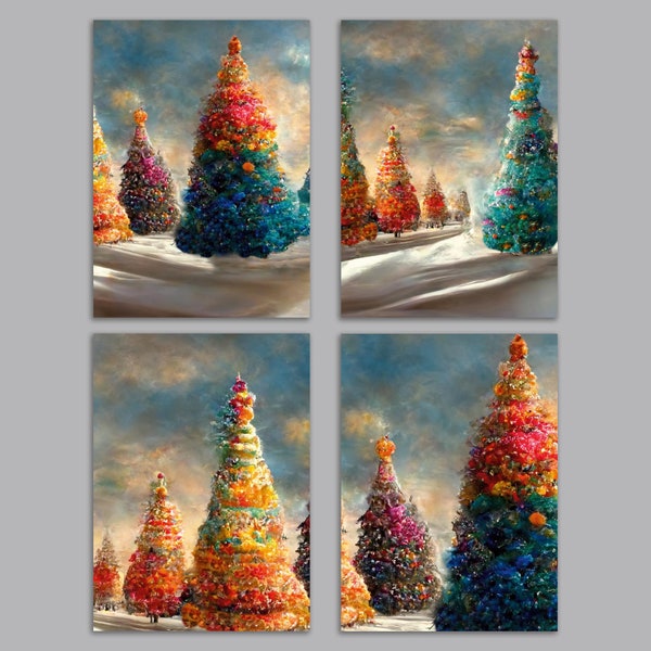 24 Magical Snowy Rainbow Christmas Tree Cards in 4 Colorful Uplifting Illustrations + Envelopes RR3 6998