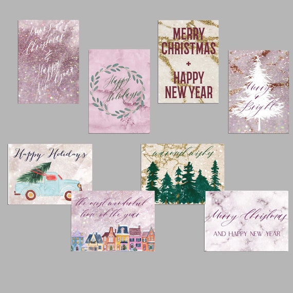 Pink Marble Christmas Cards Set of 24 - Vintage Truck and Tree Holiday Cards in Blush and Gold, with Envelopes