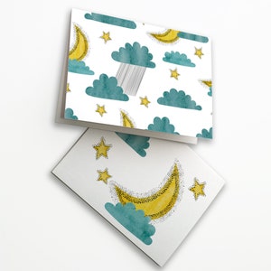 Cartes de voeux lunatiques lune et étoiles | Création Pop Art Nuages d'orage | Coffret de 24