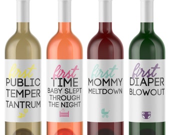 Baby Shower Gift | 8 Mommy Milestone Wine Bottle Labels | New Mom Firsts Diaper Meltdown Tantrum Funny Push Present 9079