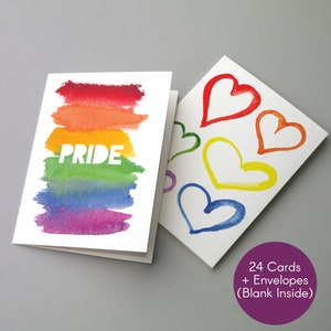 Cartes de voeux aquarelle arc-en-ciel Pride - Coffret LGBTQ+ Gay Pride de 24 cartes de correspondance vierges avec enveloppes - Emballage en vrac