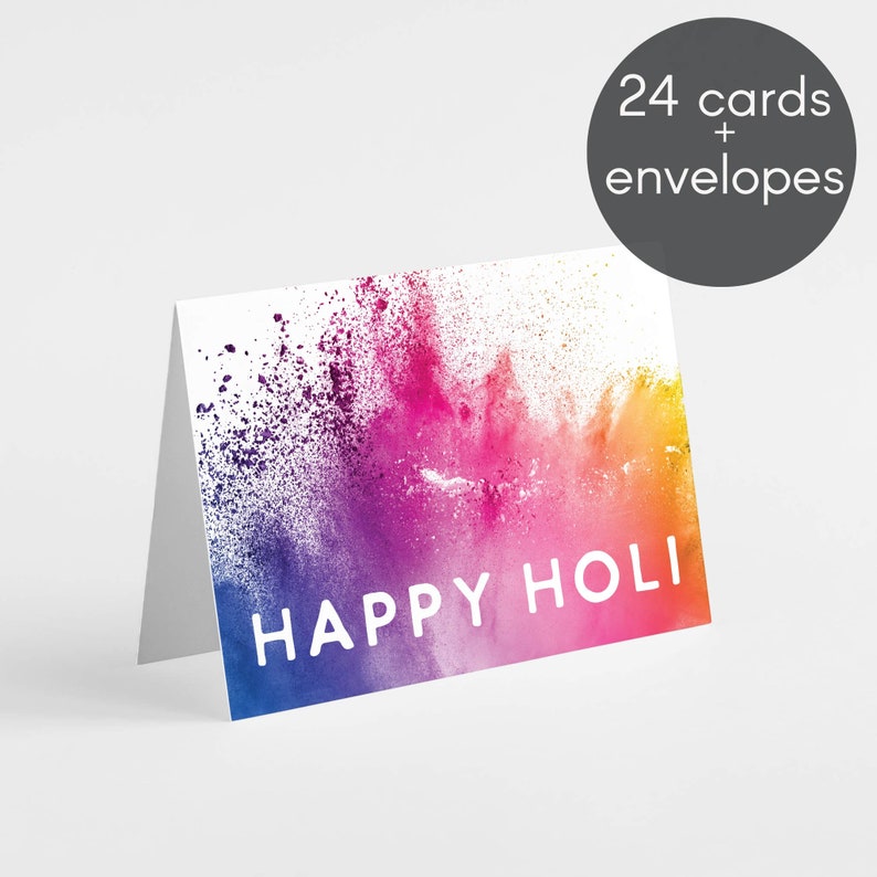 May include: 24 cards and envelopes with a colorful paint splatter design. The text 'Happy Holi' is in white on the cards.