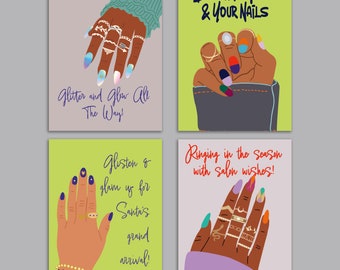 24 Nail Salon Holiday Greeting Cards in 4 Colorful Illustrations with Envelopes