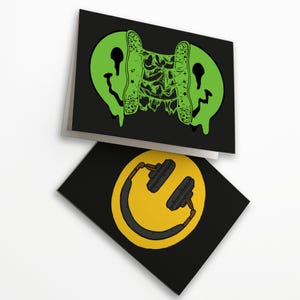 24 cartes artistiques rétro et fondantes pour DJ et smileys - Cartes de voeux Halloween trippy pour les mélomanes, ensemble de notes vierges toutes occasions