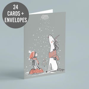 ユニコーンと女の子の冬用カード24枚セット（封筒付き）、雪の友達