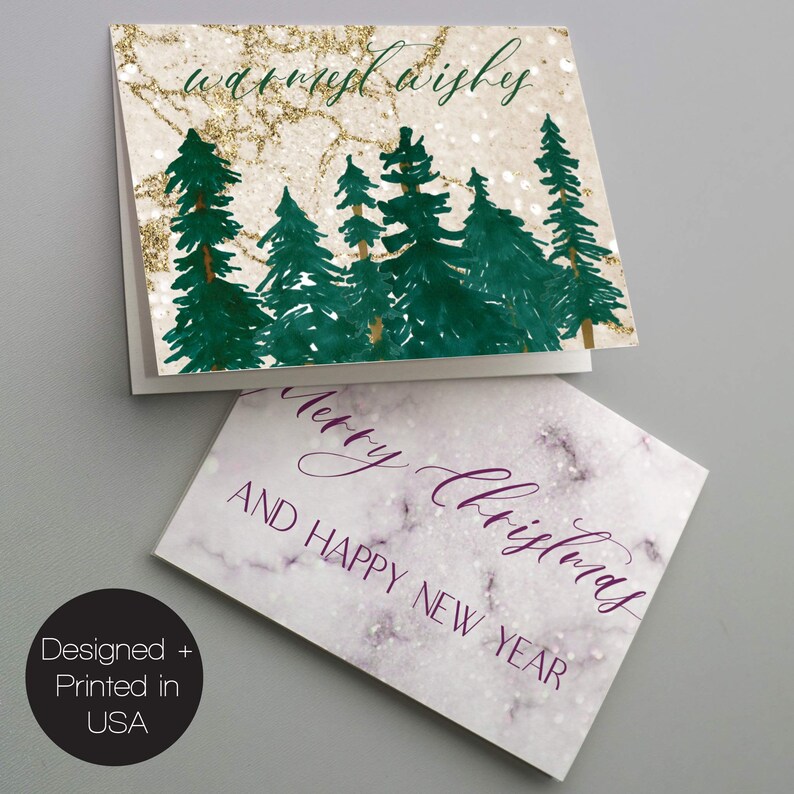 Pink Marble Christmas Cards Set of 24 - Vintage Truck and Tree Holiday Cards in Blush and Gold, with Envelopes image 6
