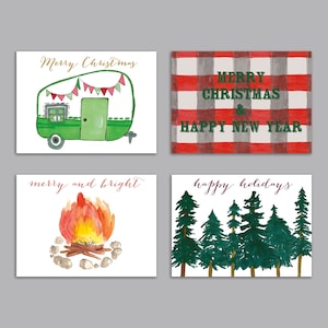 Al aire libre Tarjetas de Navidad Vintage Campers 24 Tarjetas de vacaciones Sobres Felices fiestas Al aire libre Amante del camping Árboles a cuadros Pop Up USA Hecho 6061