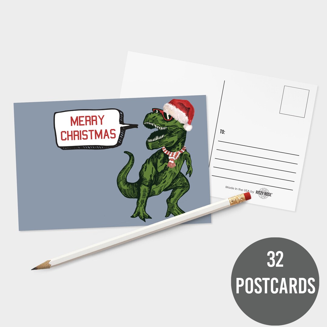 Rex Postcards 32 Merry Christmas Dinosaur Post Cards - T-rex Santa Hat and Scarf ...