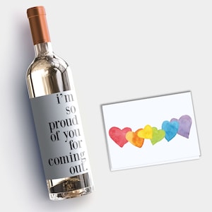 Coming Out Geschenk Regenbogen Karte + Wein Etikett, ich bin so stolz auf Dich für Dein Coming Out, LGBT Unterstützung und Stolz für das wahre Selbst, Weinflaschen Aufkleber