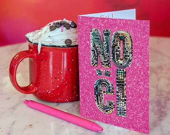 24 Disco Noel Christmas Cards with Pink Glittery Background + Envelopes 60396