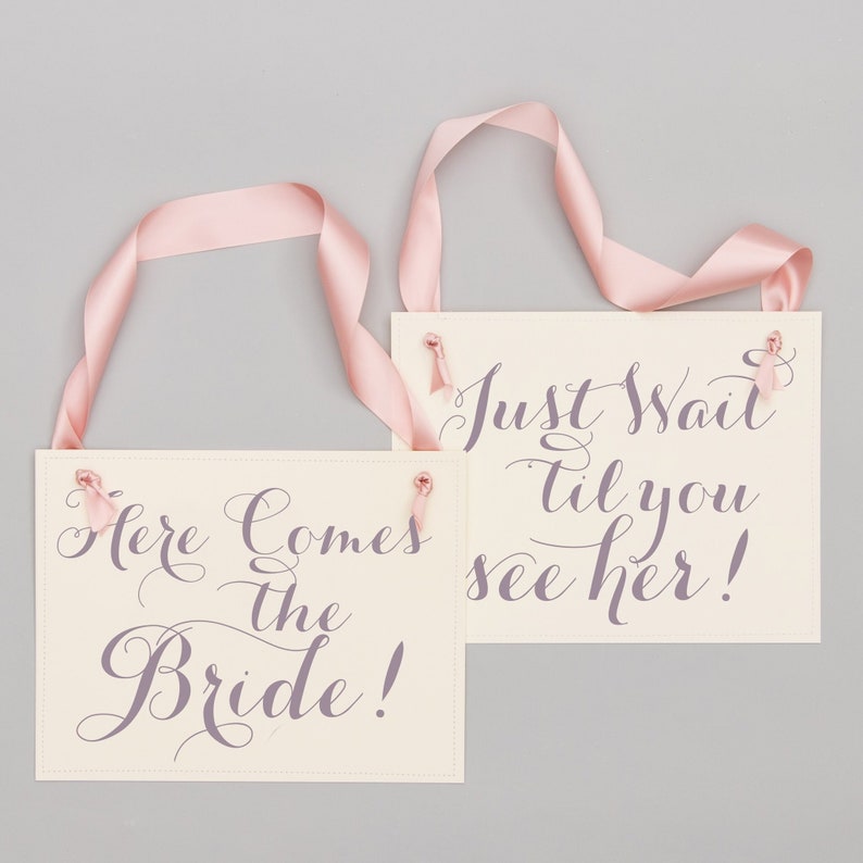 Set of 2 Wedding Signs Here Comes The Bride Just Wait Til You See Her Ring Bearer Flower Girl Ceremony Banners 2143 image 2