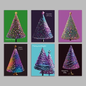 May include: Six rectangular holiday cards featuring stylized Christmas trees with glittery textures. The cards display various colors including green, purple, blue, and black, with text including Deck the Halls, Sparkle with Joy, Sparkle & Shine, Glitter & Gold, Merry and Bright, and Season's Glitz.