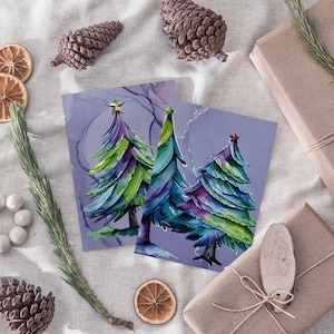 Cartes postales multicolores fantaisistes de sapin – Coffret 24 cartes | Art de conte de fées et design peint | de correspondance de Noël | Bonne saison