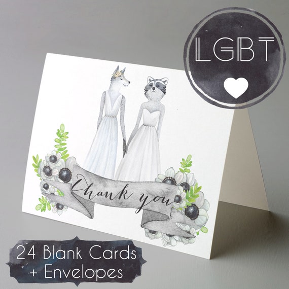 lesbian wedding thank you cards 24 blank cards envelopes for lgbt wedding with 2 brides whimsical animal gay wedding woodland creatures thank you card envelopes