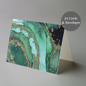 Cartões de felicitações com design de resina verde esmeralda - Arte abstrata com detalhes em ouro - Conjunto em caixa com 24