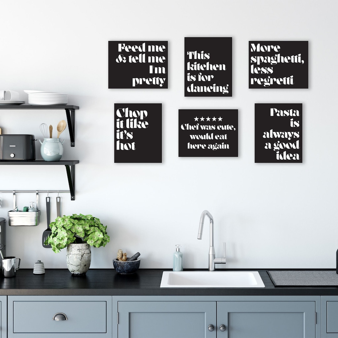 Six Black & White Kitchen Quote Prints, Modern Minimalist Wall Art Set ...