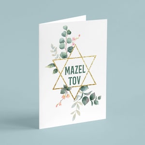 Mazel Tov Greeting Cards – 24-Card Boxed Set with Envelopes | Star of David & Gold Accent Eucalyptus Notecards Bulk Pack