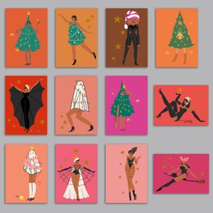 May include: A collection of twelve illustrated holiday cards. Each card features a stylized figure in festive attire, including Christmas tree costumes, bat wings, and Santa hats. The backgrounds vary in color, with gold star accents.