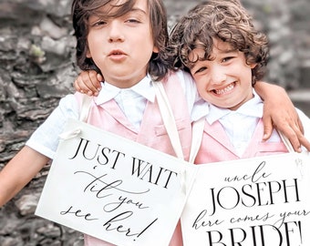Set of 2 Personalized Flower Girl Wedding Signs | Custom Ring Bearer Signs | Here Comes the Bride Banners