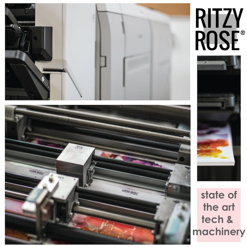 May include: Close-up of printing machinery with the "Ritzy Rose" logo. The image shows the inner workings of a large-format printer, with printed sheets and mechanical components. The text "state of the art tech & machinery" is also visible.