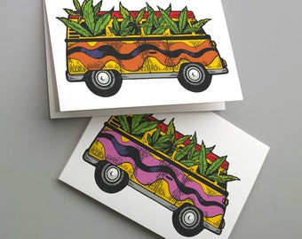 24 Retro Hippy Van Cannabis Greeting Cards, Groovy Plant Art Notes, Weed-Lover Stationery Set