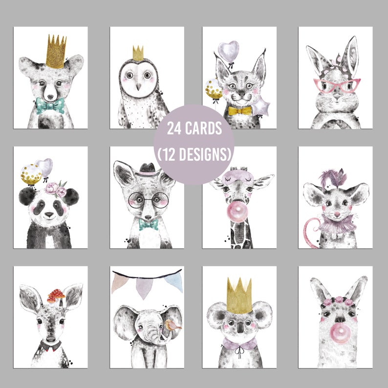 May include: A set of 24 illustrated cards featuring 12 different animal designs. The cards depict animals such as a fox, owl, and giraffe, each with unique accessories. The watercolor style illustrations are suitable for nursery decor or children's rooms.