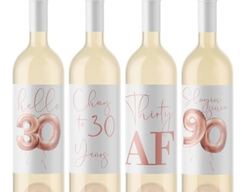 30th Birthday Wine Label Set, "Hello 30" Bday Celebration Wine Bottle Stickers, Rose Gold Balloon Inspired, Pack of 4