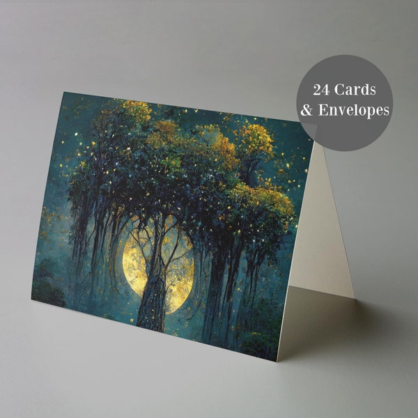 24 Mystical Tree in Moonlight Peaceful Greeting Cards + Envelopes