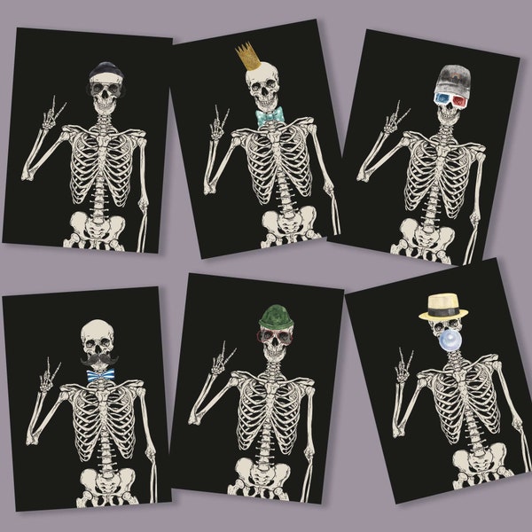 24 Skeleton Blank Greeting Cards - Hipster Skeletons Wearing Glasses & Hats - Lowkey Halloween Cards - 6038