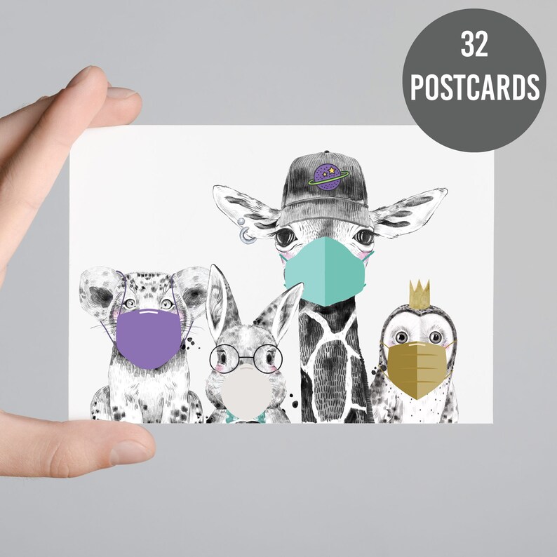 32 Face Mask Postcards Baby Animals Wearing Masks Bulk Pack Etsy